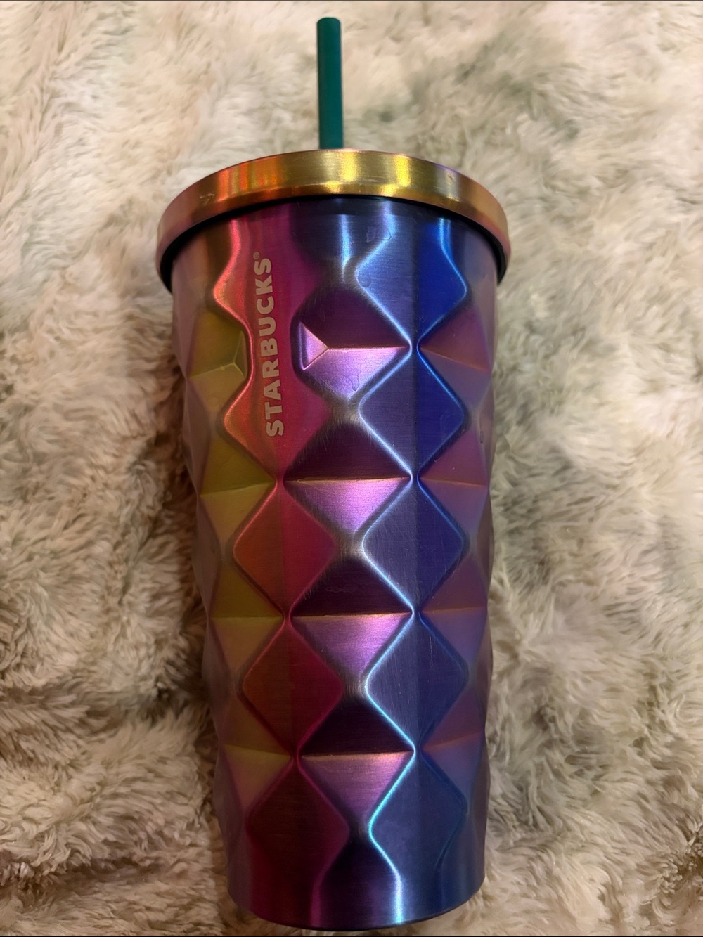 Starbucks 16oz Iridescent Purple and Gold Quilted Tumbler with Green Straw